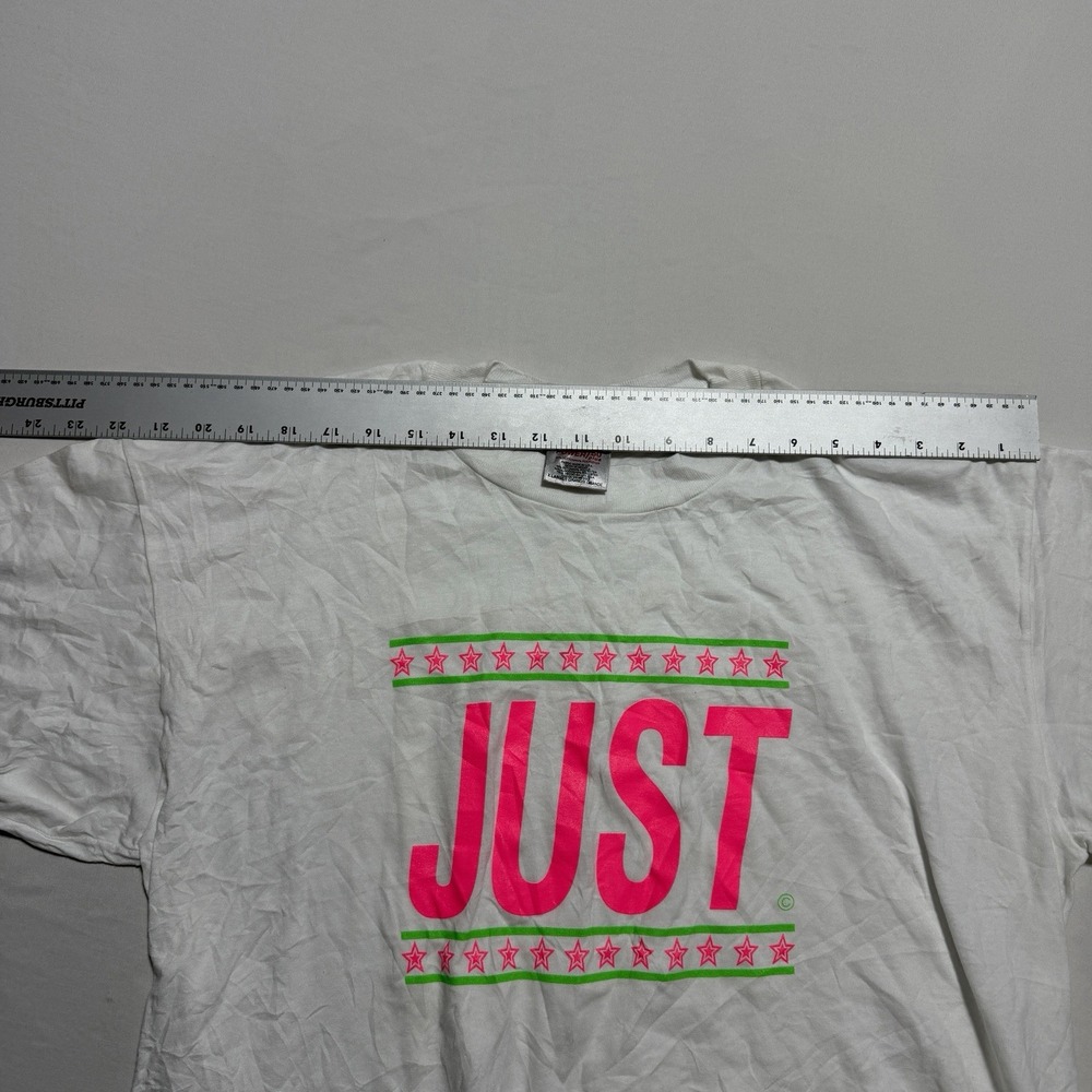Vintage 90s Oneita JUST Neon Parody Graphic Tee XL White Pink Green Stars - Picture 6 of 10